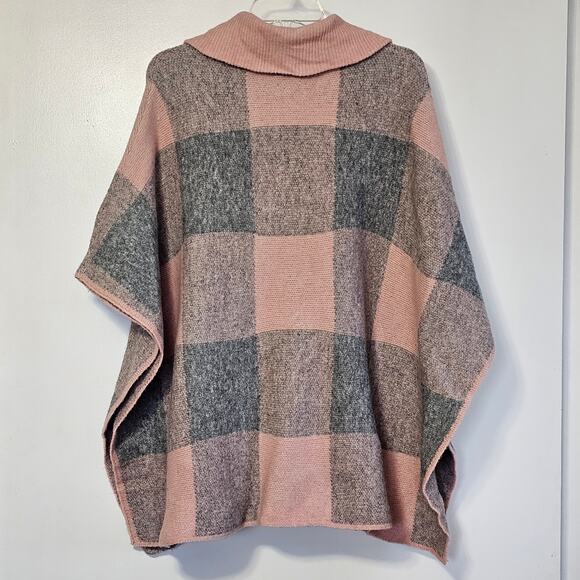 Cozy Anthropologie Poncho Sweater Open Sides - Pink & Gray Colorblock Plaid M/L - Picture 5 of 10